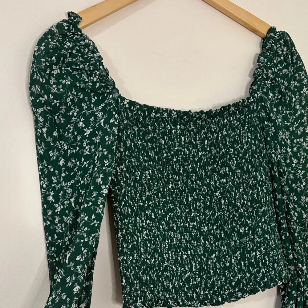 Reformation Pinto Green Floral Smocked Top Blouse XS Romantic Sheer Coquette